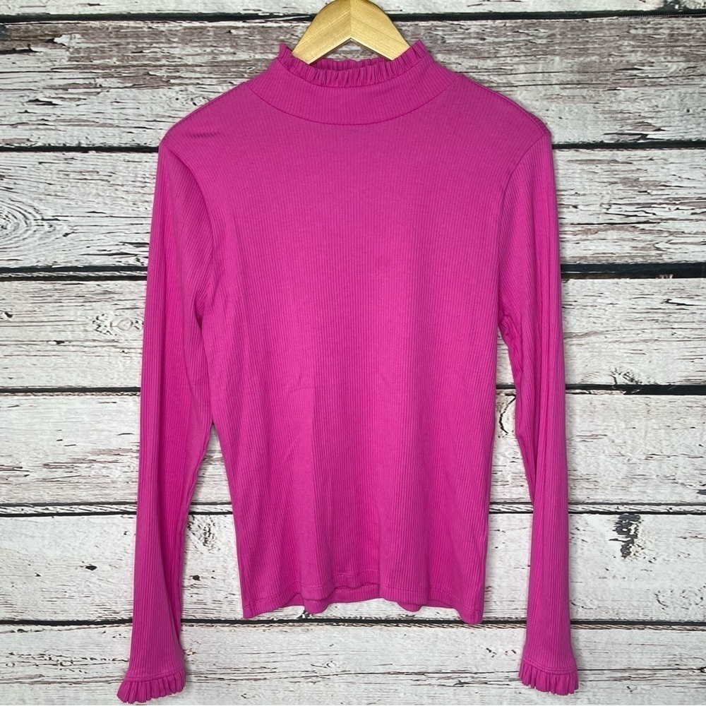 J.‎ Crew Vintage Rib Ruffle Pink Mockneck TShirt Long Sleeve Large *Fits Smaller